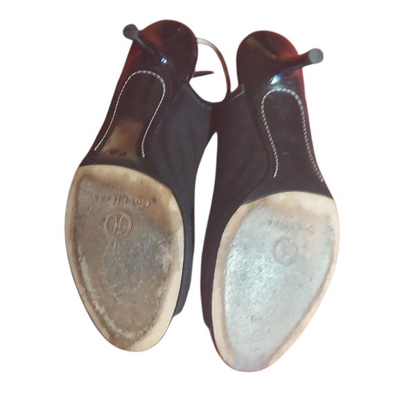 Cole Haan Black Linen Open Toe Slingback Stacked Heels - Picture 11 of 16